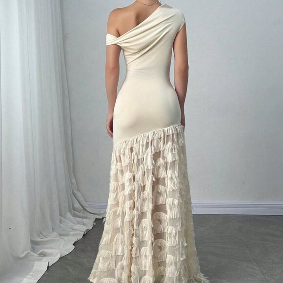 Apricot Elegant Women's Twist Shoulder Slim Fit Bodycon Fish Tail Jacquard Dress - Picture 3 of 8